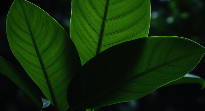 Lush tropical green leaves with dramatic light and shadow highlighting natural texture and veins against dark blurred jungle background - Powered by Adobe