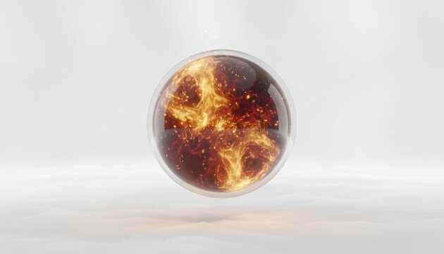 Transparent sphere filled with swirling fiery energy floating in soft cloudy space, depicting futuristic power source and cosmic balance between fire and air