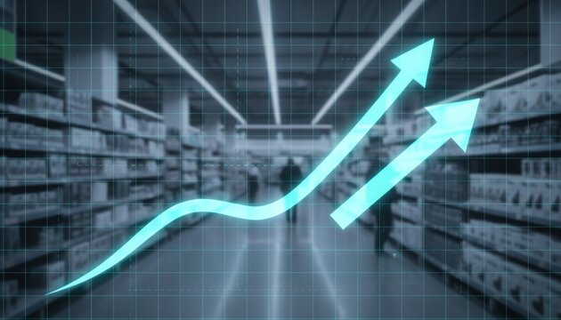 Two digital growth arrows rising in supermarket aisle, symbolizing retail expansion, market trends and consumer demand analytics
