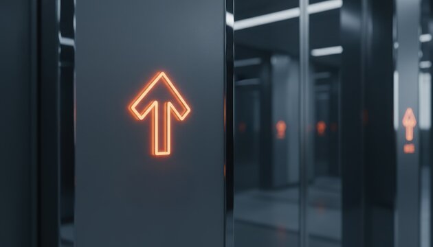A futuristic elevator control panel with glowing orange up arrows in a sleek metallic hallway, representing innovation, movement, progress, and direction in modern architecture