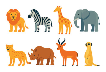 Naklejka premium Vibrant safari animals featuring lion, zebra, giraffe, elephant, cheetah, rhino, antelope, meerkat