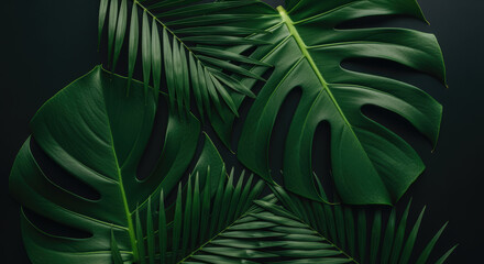 Naklejka premium Tropical monstera and palm leaves overlapping on dark moody background with dramatic shadows and rich green botanical texture