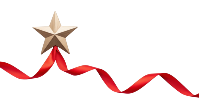 Golden five-pointed star attached to flowing red satin ribbon isolated PNG with Transparent Background
