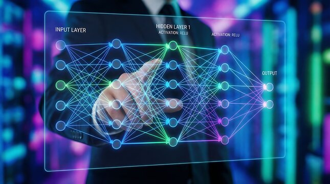 Dive into Deep Learning A businessman explores neural networks with futuristic interface, unlocking advanced AI potential and innovative tech solutions for the future