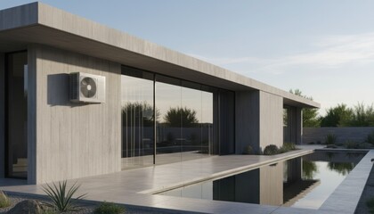 Modern concrete house with pool and large glass windows under clear sky representing minimalist architecture, sustainable design and luxury lifestyle