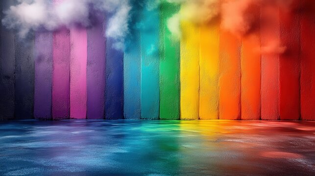 A dynamic and vibrant image featuring a rich array of vertical stripes in red, orange, yellow, green, blue, purple, and pink. Evokes a rainbow spectrum and a bold, colorful backdrop.