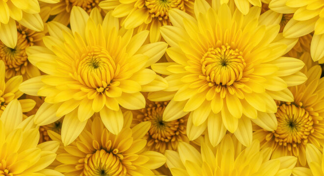 Vibrant yellow chrysanthemum blossoms forming a floral pattern with overlapping petals in full blooming detail