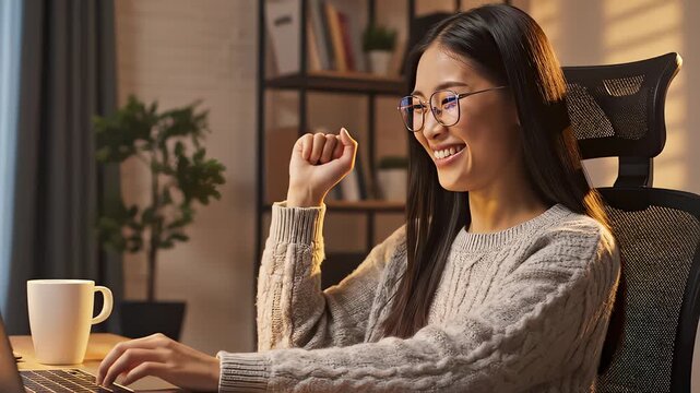 Young Woman Types Code on Laptop, Celebrates Achievement at Desk