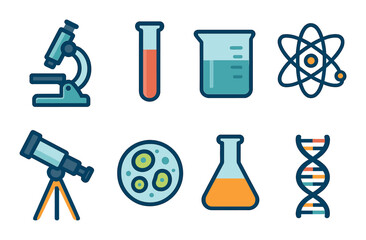 Obraz premium Science icons set: microscope, telescope, dna, atom, beaker, test tube