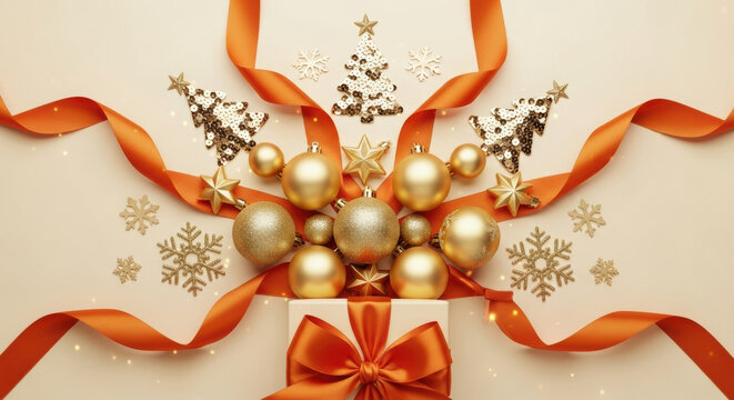 Golden christmas ornaments and festive ribbon gift box arrangement with sparkling snowflakes and glittering holiday decorations