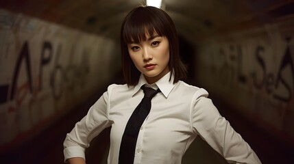 Intense gaze of a young woman in a white shirt and dark tie, with a graffiti-covered wall backdrop.