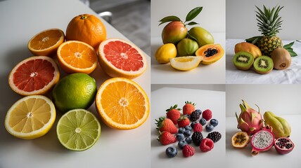 Variety of fresh citrus, tropical, berry, and exotic fruits isolated on white background