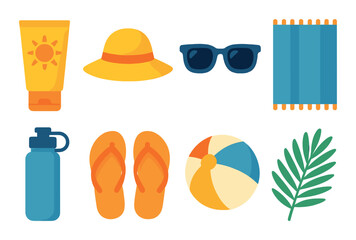 Summer essentials: hat, sunglasses, flip flops, beach ball, and more