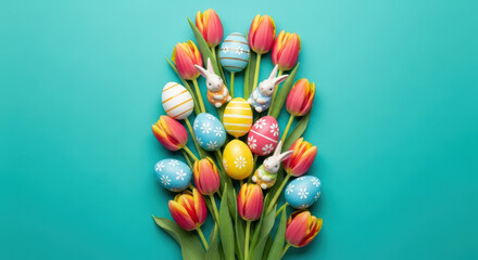 Colorful easter eggs and bunny decorations arranged with fresh tulips on a turquoise background for festive spring holiday celebration