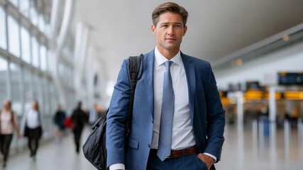 Confident Traveler: A sharp dressed business professional confidently strides through an airport terminal, embodying the essence of modern travel and corporate ambition.