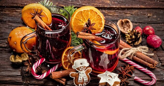 Hot mulled wine with spices arranged on rustic wooden surface, with gentle slow-motion snowfall creating a cozy winter atmosphere. Ideal as a Christmas background or seasonal mood video.