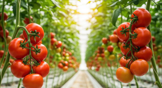 Ripe red cherry tomatoes growing on vines in modern greenhouse with soft sunlight and blurred rows of plants in the background