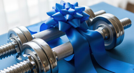 Shiny metal dumbbells wrapped with a decorative blue ribbon bow on a smooth surface, symbolizing fitness gift, celebration, and motivation