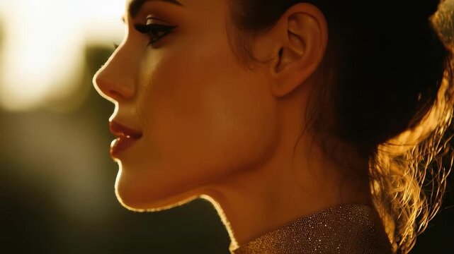 Close-up profile of a woman wearing a sparkly choker, warm sunset light highlights her jawline and lips.