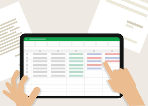 Spreadsheet screen on tablet and do accounting calculations automatically, create formulas