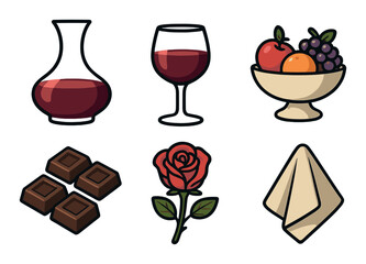Illustrated wine, chocolate, and fruit still life with rose and napkin on brown background
