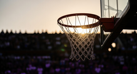 Close up of NBA Cup hoop with sunset in stadium. Sporting success shines through NBA Cup preparations with orange sunset over spectators ready for thrilling game.