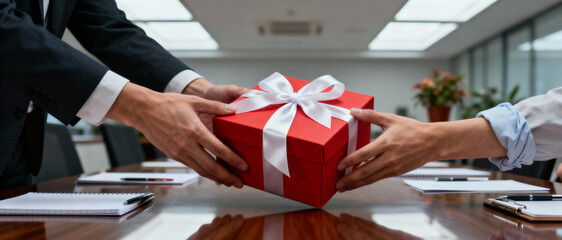 Business colleagues exchanging a red gift box with white ribbon during corporate meeting in modern office conference room