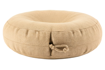 Round floor pouf cushion made of natural beige jute fabric isolated on a transparent background