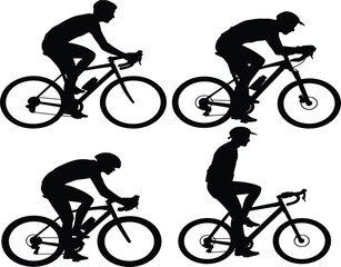 Set of Four Cyclist Silhouettes, Black Vector Graphic, Dynamic Bicycle Rider Collection, Sport Fitness Outdoor Activity and Exercise Illustration