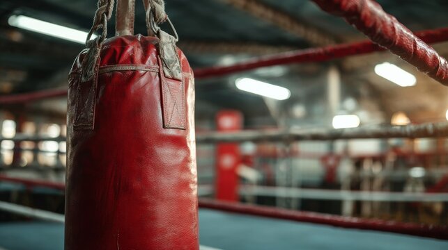 Red Punching Bag Hangs in Boxing Gym, Ready for Training Sessions and Workouts at a Local Boxing Facility