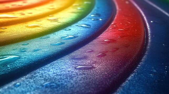 A stunning visual featuring a vibrant, rainbow-like pattern created by water droplets on a textured surface. Evokes feelings of freshness, beauty, and natural wonder.