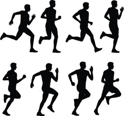 Set of Eight Running Man Silhouettes, Black Vector Graphic Poses, Dynamic Runner Action Collection, Sport Fitness Outdoor Activity and Exercise Illustration