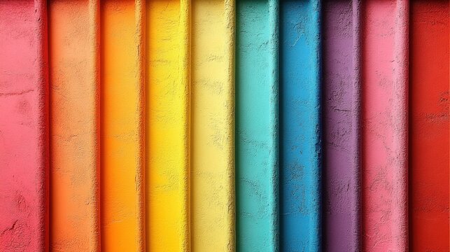 A vibrant row of vertically oriented fabric strips showcasing a spectrum of colors: red, orange, yellow, blue, green, purple, and pink. The textures create a rich and dynamic visual.