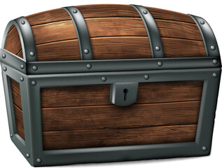 An antique wooden chest, forged with iron, on a white background. High detailed realistic illustration.