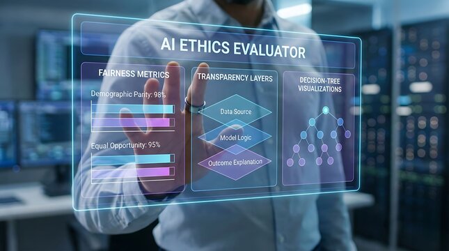 Innovating AI with ethics, a modern interface showcasing fairness metrics, transparency layers, and decision-tree visualizations for ethical AI development and deployment