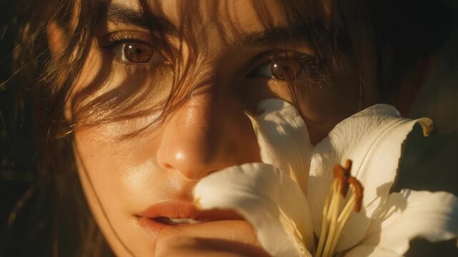 Close-up of a woman's face with a white lily near her lips, warm light and leaf shadows across her features.