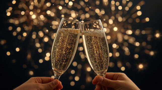 Brindisi con calici di champagne davanti ai fuochi d&rsquo;artificio. Generative AI