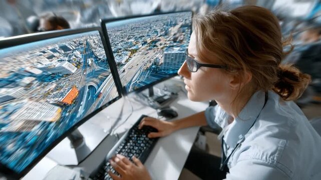 Tech Professional Analyzing Data: A focused tech professional intently analyzes complex data on multiple computer screens, surrounded by the hum of modern technology and the digital world.