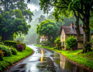 A winding road glistens after a rain, lined with homes, lush trees, and vibrant foliage, giving a serene vibe
