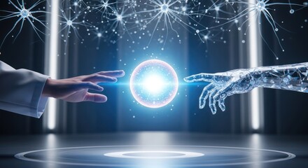 Human hand and robotic arm reaching towards glowing orb in technology concept