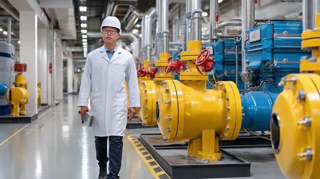 Factory Inspection: A focused inspector, equipped with technical tools, navigates a modern factory. He assesses equipment amidst pipes and machinery. This scene epitomizes precision and efficiency.