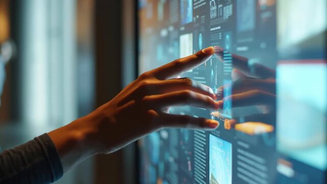 Digital workload interface digital workforce impact touchscreen hand interacting with data analytics dashboard interface technology interaction - Powered by Adobe