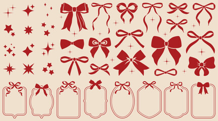 Simple hand drawn red ribbon bow collection. Bowknot for decoration, big set of bowtie. Large retro ribbon illustration set. Set of various cartoon bow knots, gift ribbons. Frames, bows, sparkles
