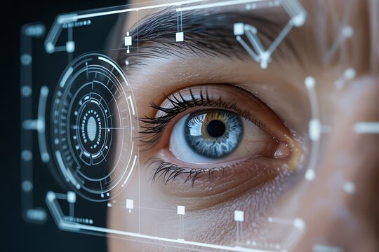 Closeup of a human eye with digital interface overlay, representing biometric scanning and future technology