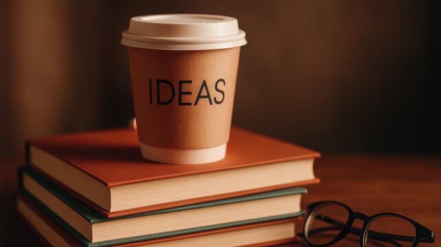Paper coffee cup labeled IDEAS on stacked books in warm cozy setting, symbolizing creativity, learning and inspiration