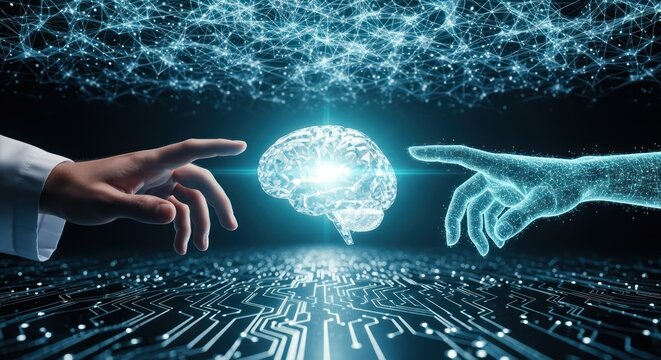Human hand touching digital brain representing artificial intelligence technology