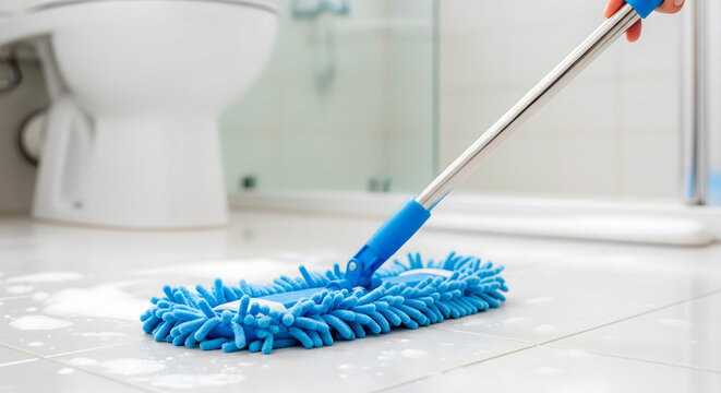 Cleaning the bathroom floor with a blue microfiber mop