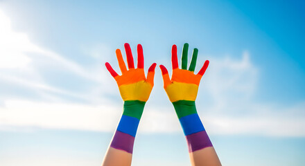 Hands painted with rainbow colors against a bright blue sky