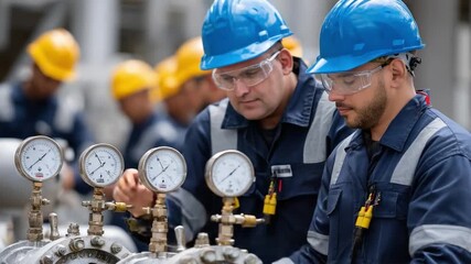 Industry Professionals at Work: A group of focused professionals in the industry diligently examines critical equipment, highlighting their expertise in a technical setting. 