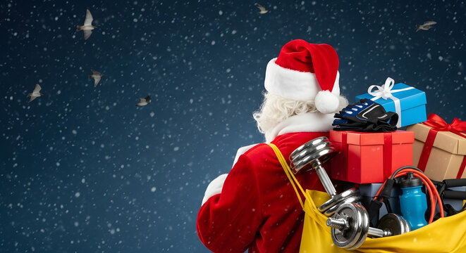 Santa Claus with a bag of fitness gifts on a snowy winter night - Powered by Adobe